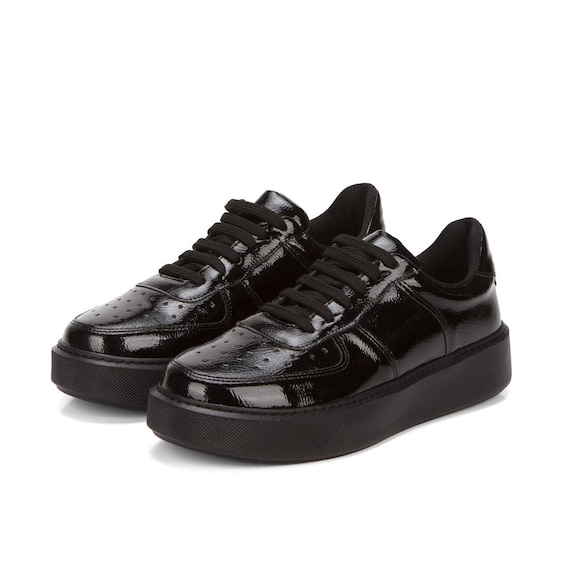 Wide Molded Women Dance Sneakers Black Women's Black Shiny Leather Sneakers, Comfortable and Custom Color Production Shoes