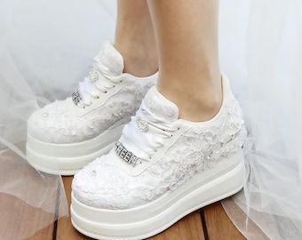 Bride Shoes Heels Sneakers Shoes For Bride -Personalized Wedding Shoes  White Ivory Color Options Bridal Shoes with Special Wedge Heels New - Main Image