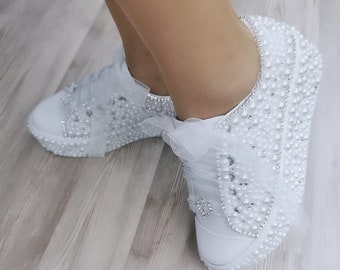 Wedding Shoes, Bridal Shoes, Wedding Sneakers, Bling Shoes, Bridal Shoes, Women&#39;s Shoes, Platform Shoes Pearls Sneakers custom deinger shoe