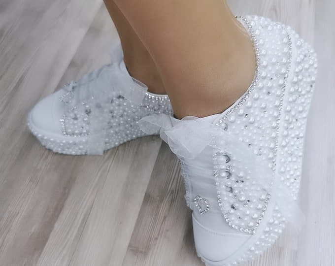 Pearl Bridal Platform Sneakers, Custom Wedding Shoes
