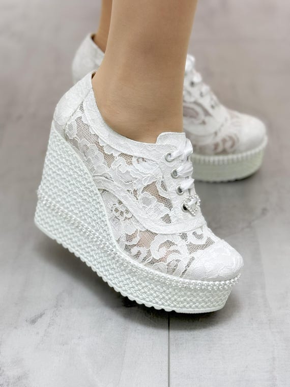 Customizable Bridal Wedge Heel Shoes - Comfortable, Lightweight Sole, Available in White or Ivory Custom Heels Bridal Shoes - Wedding Shoes