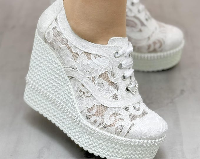 Customizable Lace Bridal Wedge Shoes – Handmade Wedding Shoes