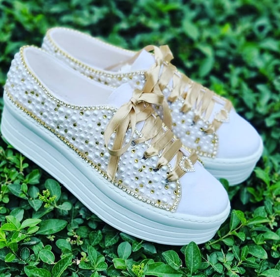 Platform Sneakers, Wedding Shoes, White Pearls and Gold Crystal Stone, Wedding Shoes, Bling Shoes, Bridal Shoes, Platform Sneakers