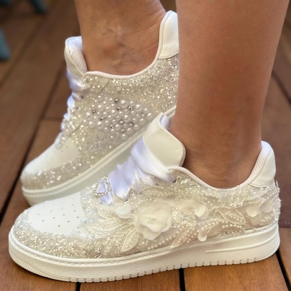 Bridal Sneakers, Glitter , Laced, Pearled, Personalized, Special design for wedding,  Lightened Sole, , Wedding Dress Shoes Customizable New