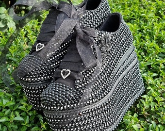 Black Crystal Pearl Platform Heels, Luxury Wedge Party Shoes