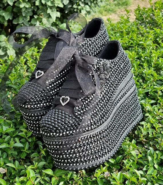 Black High Heel, Luxury Design Wedge Heels, Black Crystal Stones Pearls Platform Shoes, Party Shoes, Very Stylish and Comfortable