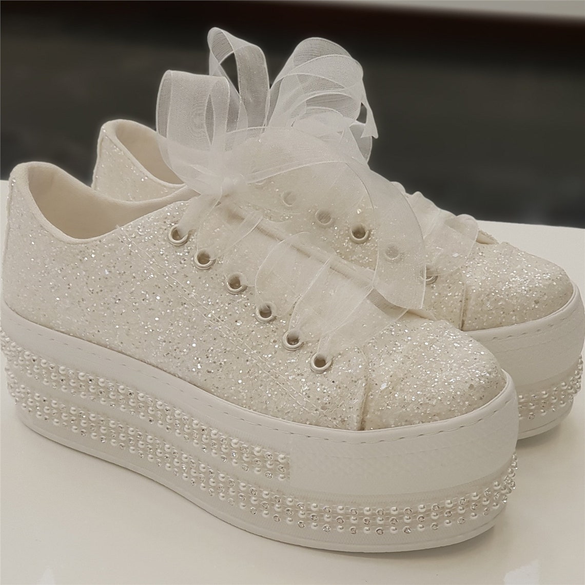 Customizable Glittering White Bridal Shoes Height Options and image 1