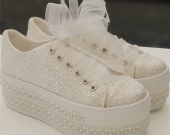 Customizable Glittering White Bridal Shoes Height Options and Customization Free