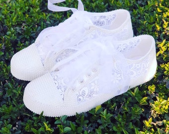 Ivory Pearl Wedding Shoes, Bridesmaid Sneakers, Personalized Bridal Shoes