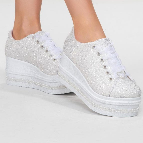White Glitter Wedding Wedge Shoes, Personalized Bridal Heels