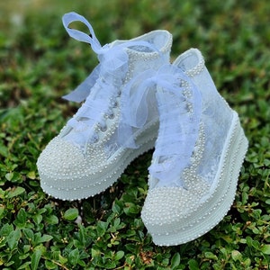 Bridal Shoe Lace, Wonderful Bridal Shoes with Pearls and Diamonds Length Options Height Options Custom long top lace bridal desinger shoes
