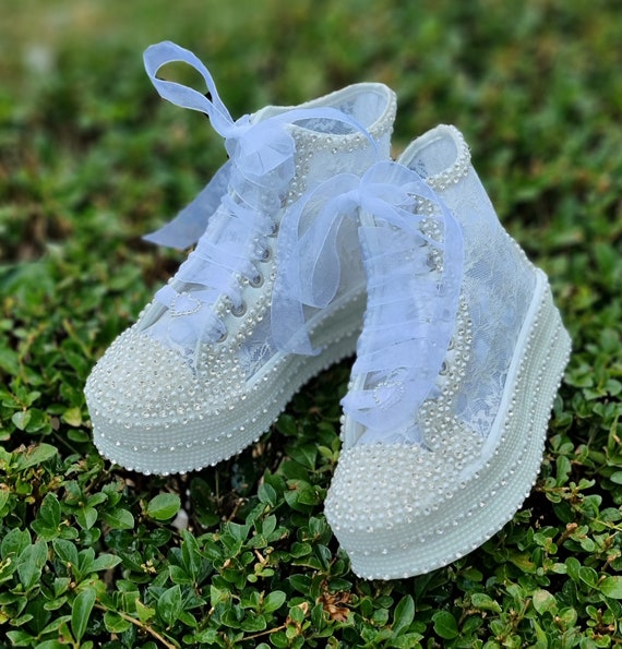 Bridal Shoe Lace, Wonderful Bridal Shoes with Pearls and Diamonds Length Options Height Options Custom long top lace bridal desinger shoes