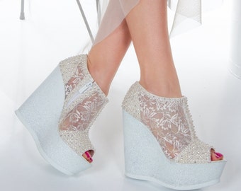 White Wedding Wedge Shoes: Lace, Pearls & Rhinestones, Bridal Zipper Booties
