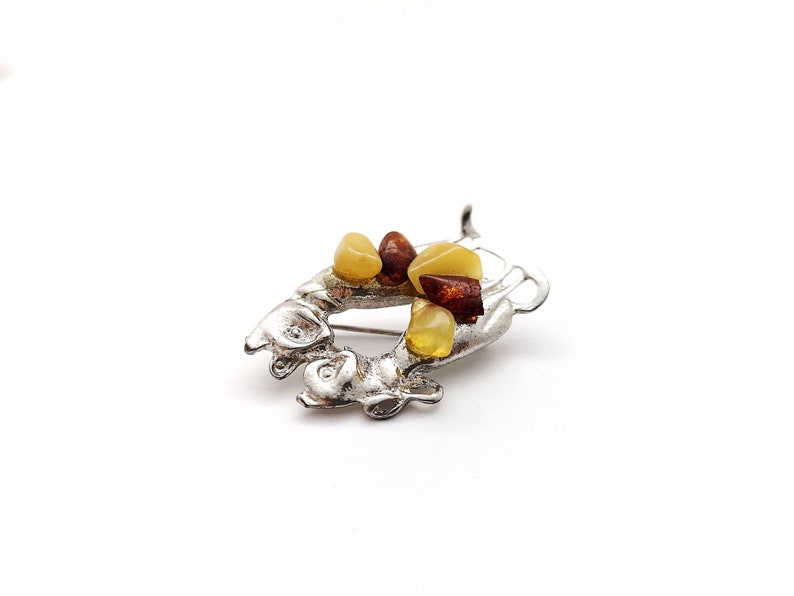 Natural Baltic Amber Brooch Polished Beads Metal Cats Brown Butter Colors Women