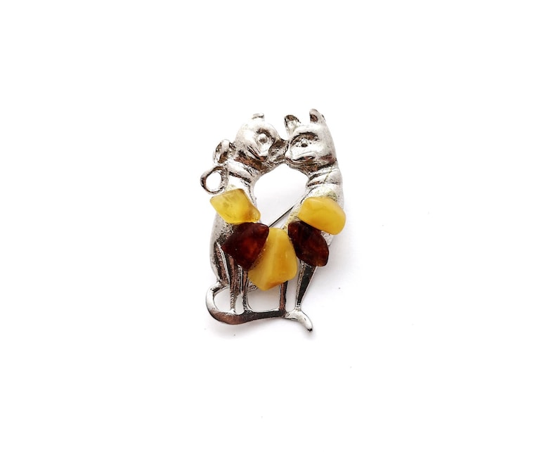Natural Baltic Amber Brooch Polished Beads Metal Cats Brown Butter Colors Women