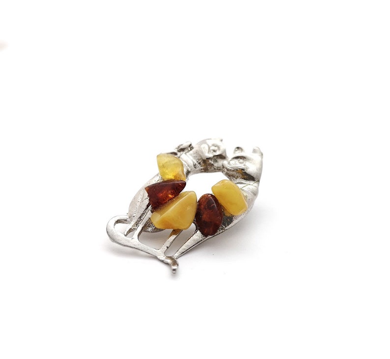 Natural Baltic Amber Brooch Polished Beads Metal Cats Brown Butter Colors Women