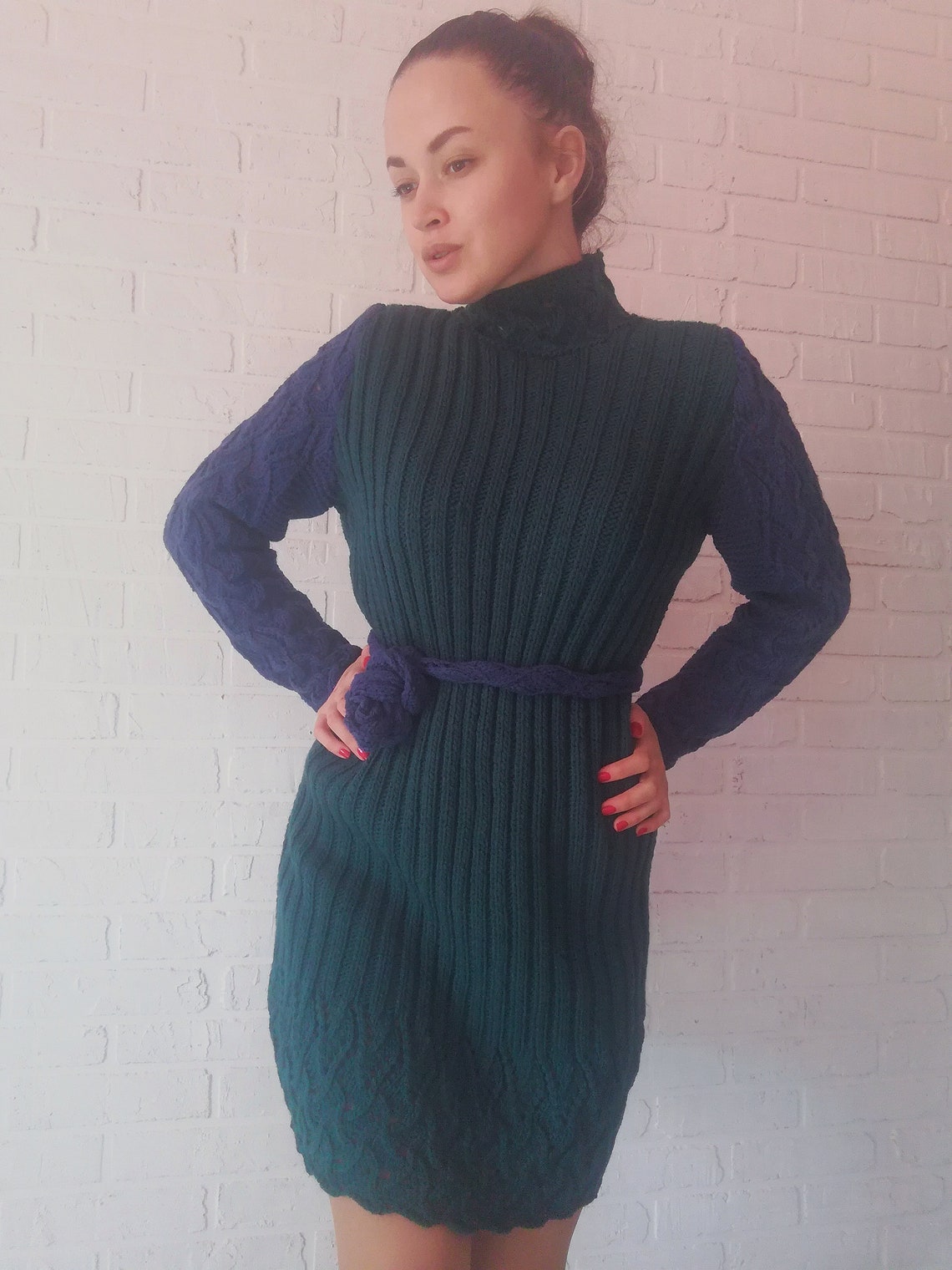 Women's Two-tone dress / Knitted Green dress / Knitted | Etsy