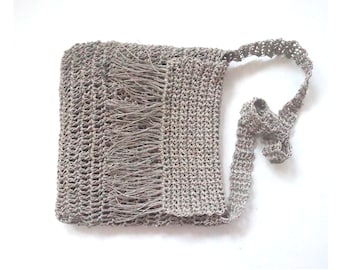 Linnen yarn  crochet fringe tote bag