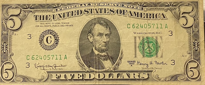 1963a Fowler 5 Dollar Bill Art Collectibles Collectibles Dekorasyonu Net