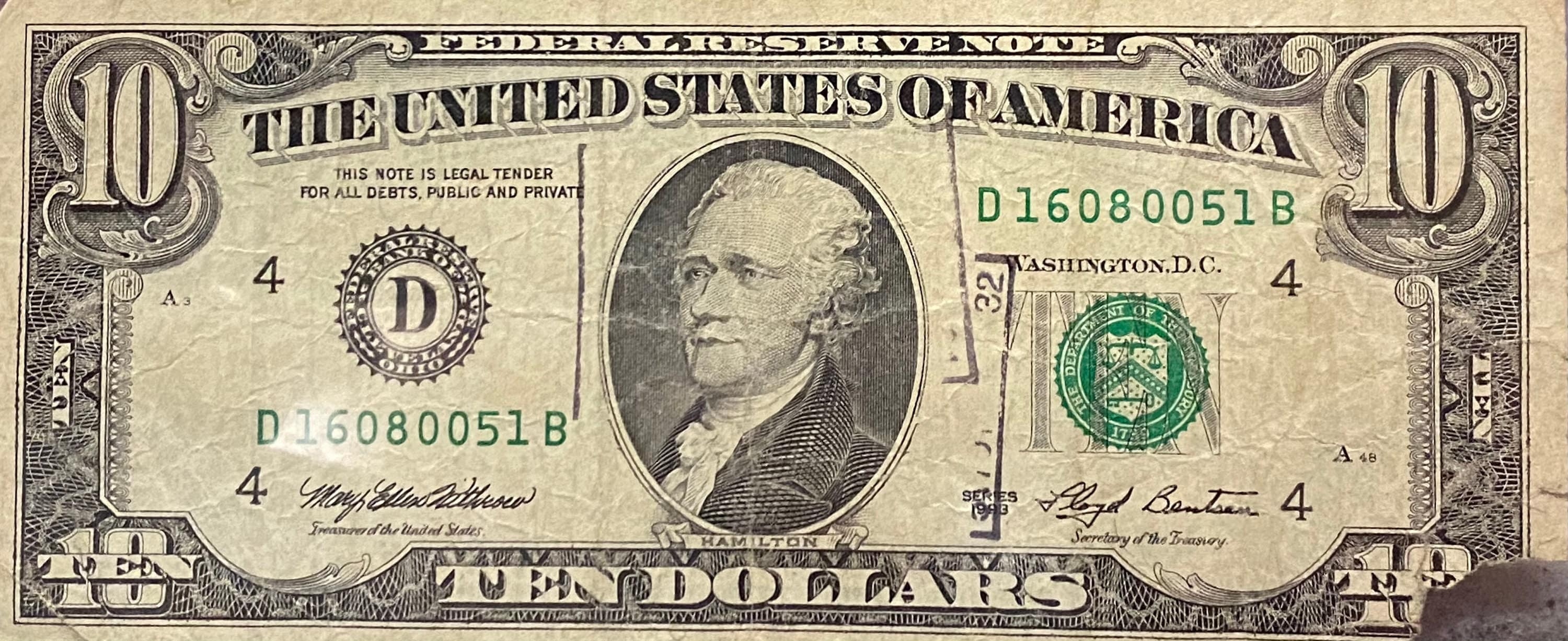 1993 Vintage 10 Dollar Bill
