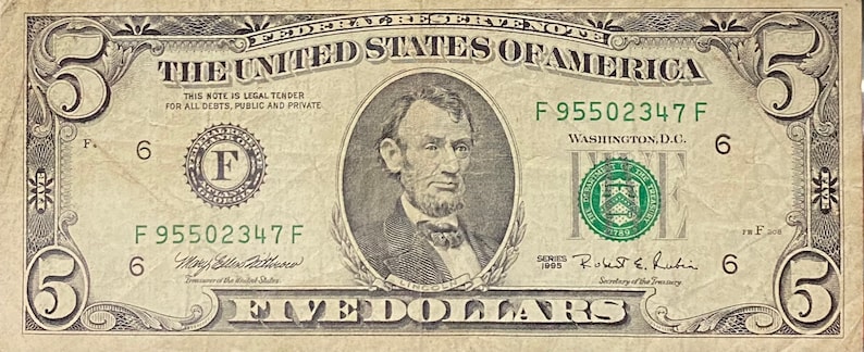 1995 Vintage 5 Dollar Bill image 1