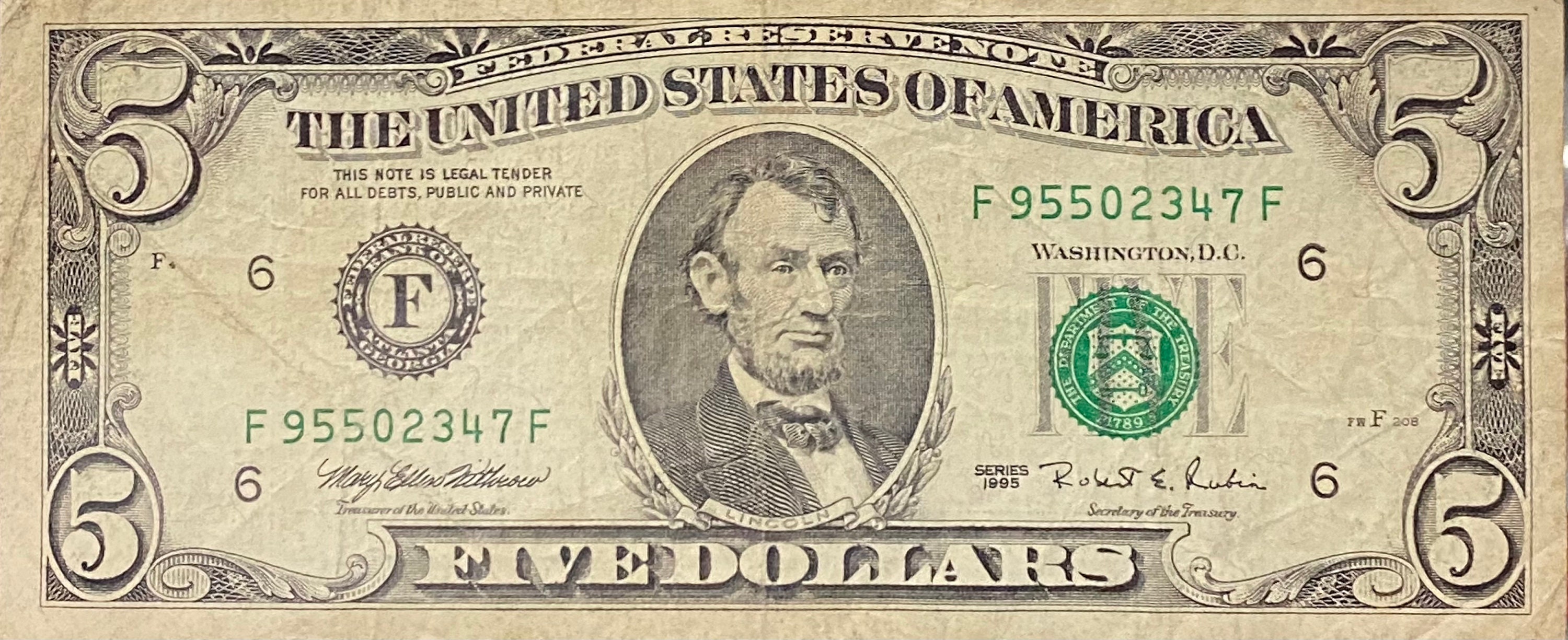 1995 Vintage 5 Dollar Bill 