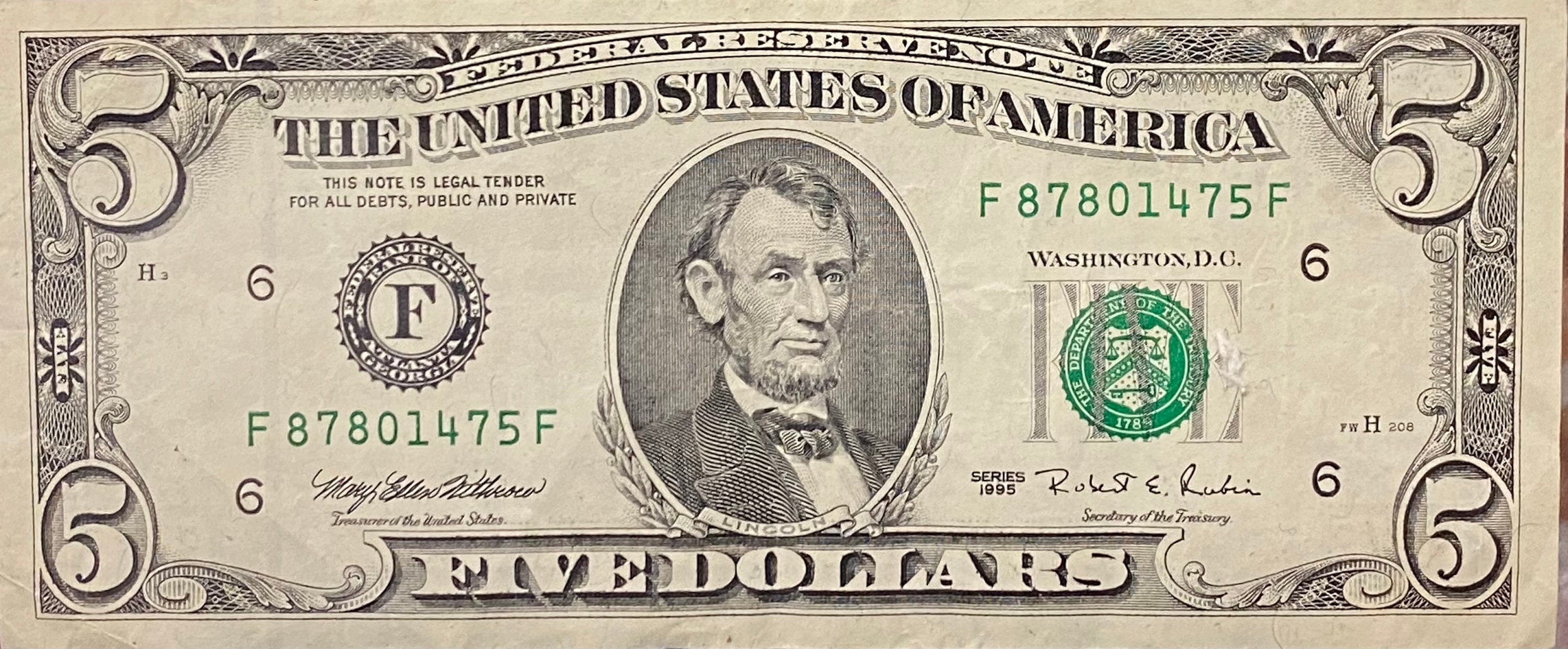 1995 Vintage 5 Dollar Bill