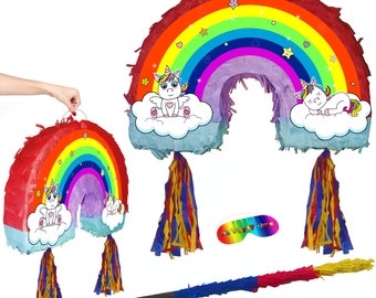 Piñata Licorne Arc-en-ciel Avec Bâton Et Bandeau - Pour Anniversaire, Peut Contenir 1-2 Kg De Bonbons, Avec Boucle De Suspension