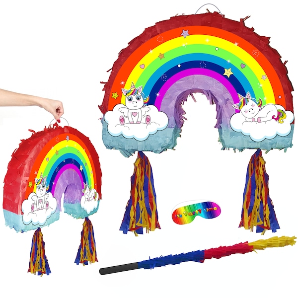 Amazing Rainbow Unicorn Piñata set Party theme pinata supplies happy birthday stick blindfold multicolour pony dash glitter glam girls pink