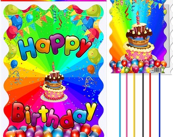 Pull String Birthday Piñata: Rainbow Cake Party Game