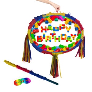 Blocks Pinata happy Birthday theme Party piñata supplies decorations stick Smash Game unisex bricks lago building block construction UK