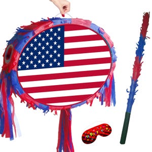 May include: A red, white, and blue pinata shaped like a circle with a fringed edge. The pinata is decorated with an American flag design. It comes with a stick and a blindfold.