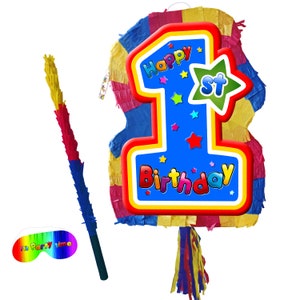 Erster Geburtstag Pinata mehrfarbiges Thema 1st Party Star Nummer eins Smash-Spiel-Stick Augenbinde Baby Jungen-Mädchen-Unisex blau groß UK