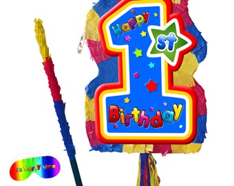 Piñata número uno para el primer cumpleaños con palo y venda para los ojos