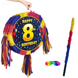 Piñata de 8.º cumpleaños con número ovalado, feliz tema universal, fiesta, piñata, suministros para eventos, decoraciones, palo, juego Smash, unisex, ocho octavos, 8 años