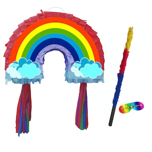 May include: A rainbow-coloured pinata shaped like a rainbow with clouds and streamers. It comes with a stick and a blindfold that says "It's Party Time".