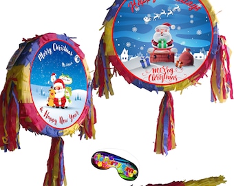 Christmas Piñata set Round Party theme pinata supplies happy birthday stick blindfold holidays Xmas Eve day Yuletide Yule Noel Game fun