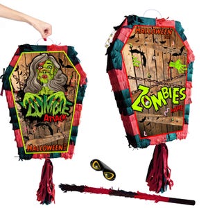 Sarg Pinata mit Stock Halloween Thema Party Pinata liefert alles Gute zum Geburtstag Augenbinde Halloween Scary Creepy Fledermausblut Zombie Vampir UK