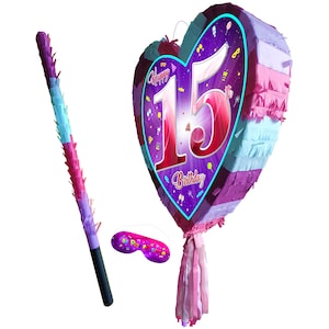 15e anniversaire pinata coeur avec bâton quinze filles Piñata fête thème amour fournitures joyeux Smash jeu quinzième année rose licorne Fun 15 ans