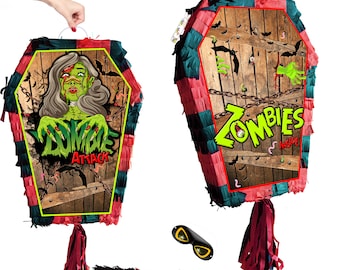 Pinata cercueil zombie avec bâton et bandeau sur les yeux, jeu de fête d'Halloween