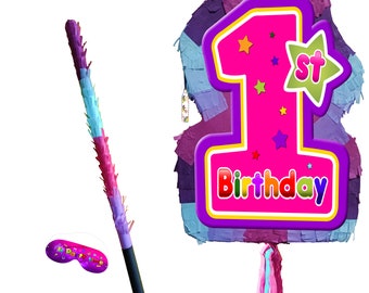 Piñata número uno para el primer cumpleaños de niña, palo y venda para los ojos