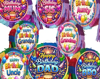 家族の誕生日ピニャータ（棒と目隠し付き）、お母さん、お父さん、おじさん、おばさん、兄弟、姉妹