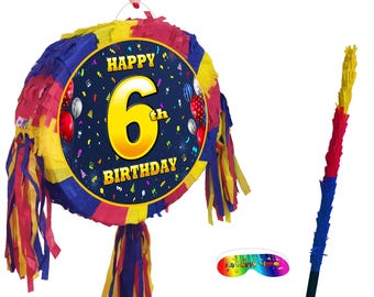 Piñata de 6.º cumpleaños con palo y venda para los ojos, juego de fiesta unisex