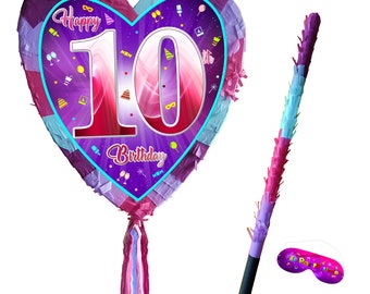 10th Birthday heart pinata with stick tenth Piñata girls Party love theme supplies happy Smash Game number ten years pink unicorn Fun UK 10