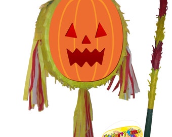 Emoji citrouille pinata avec bâton et bandeau sur les yeux, jeu de fête d'Halloween