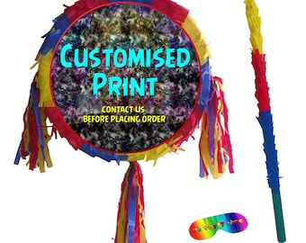 Customised Piñata Party Round theme pinata happy birthday fun stick blindfold personalised on demand order variety supplies cartoon movie UK