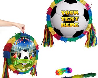Pignatta personalizzata per festa di compleanno a tema calcio, completa di bastone e benda per gli occhi.