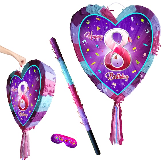 Pinata coeur 8e anniversaire avec bâton et bandeau sur les yeux, jeu de société pour filles - France