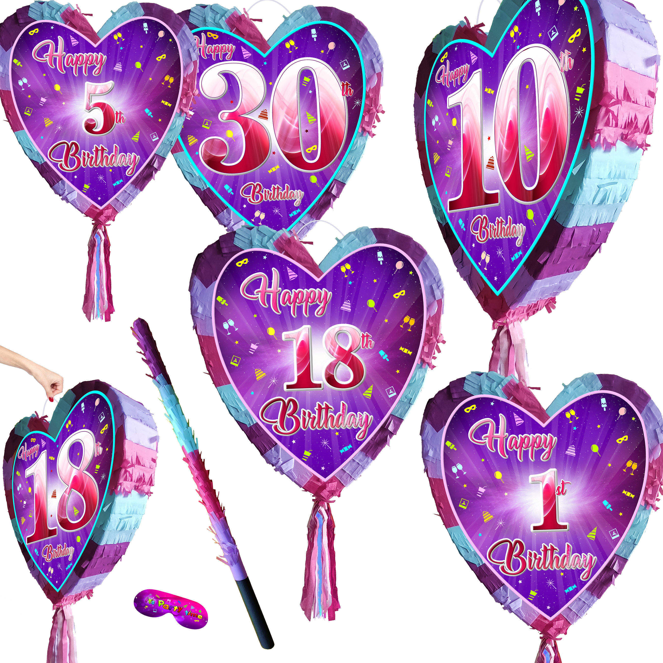 Piñata 70e Anniversaire En Forme De Cœur - 41x38 Cm, Avec Bâton Et Bandeau, à Remplir De Bonbons