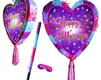 Happy Marriage Heart Pinata with Stick & Blindfold, Wedding Engagement Game